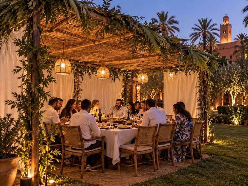 Table dressée sous la soucca dans une villa à Marrakech